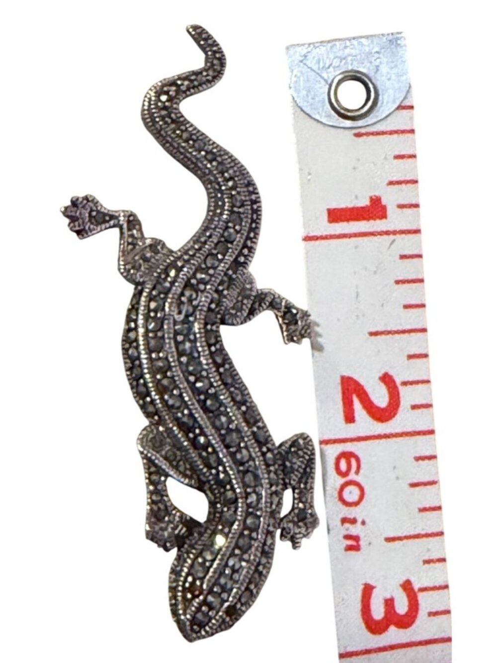 Vintage Signed 925 Lizard Gecko Brooch Pin Marcasite Garnet Eyes Textured 3" 13g - Picture 7 of 10